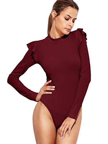 DIDK Women's Plain Round Neck Long Sleeve Ruffle Bodysuit Burgundy M