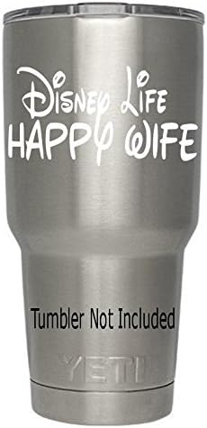 Disney Life Happy Wife (White) Disney Decals for Yeti Tumblers (we don't sell tumblers) Decal Walt World Decal Mickey Mouse Minnie Mouse Ozark Trail Tumbler Decals 2" H X 4" W (White)