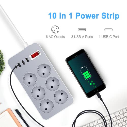 Multiprise, 4 Ports USB (3 USB A + 1 USB C) et 6 Prises de Courant avec Protection Contre Les surtensions Prise de câble d\'extension de Charge pour différents modèles - Câble de 1,2 m - Gris