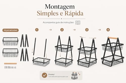 Fruteira Cesto de Mesa 2 Andares em Metal Preto com Alça de Madeira – Organizador de Frutas, Legumes e Mantimentos para Cozinha
