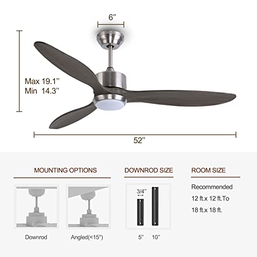 Ovlaim 52 Inch DC Motor Dark Grey Solid Wood Propeller Ceiling Fan