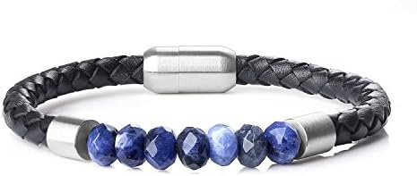 AmorWing Mens Leather Bracelets Genuine Stone Beaded Bracelet Magnetic Clasp