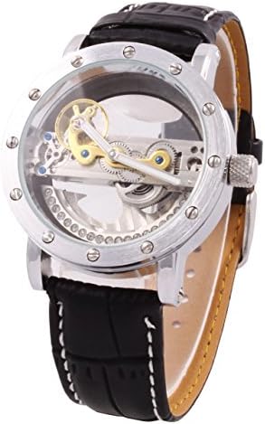 Mens Mechanical Watch Steampunk Skeleton Dial Black Leather Band Automatic AMW-82