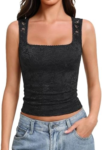 QINSEN Floral Lace Sleeveless Top for Women Deep V Neck Slim Fit