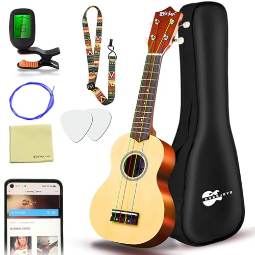 Everjoys Sopran Ukulele Set für Anfänger 21 Zoll Ukulele Starter Kit mit Kostenlose Online-Kurse, Tasche, Tuner, Saiten, Pick, Kleine Hawaii Gitarre N
