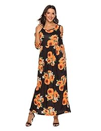 Vestido largo con hombros descubiertos para mujer Vestido informal de otoño de cintura alta estampado floral con bolsillos para playa, viajes, uso diario