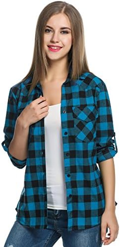 Womens Tartan Plaid Flannel Weastern Shirts, Juniors Boyfriend Long Sleeve Gingham Checkered Cotton Shirt