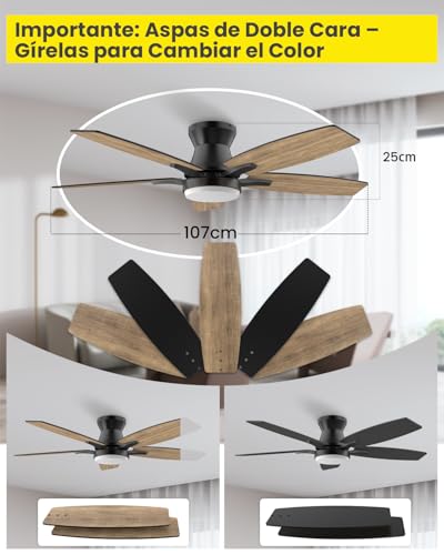 Airwit Ventilador de Techo con Luz de 107cm, 42 Inch Ceiling Fan, Abanicos de Techo Montaje Empotrado con Control Remoto, 6 Velocidades, Luz LED de 3 Colores, 5 Cuchillas, Motor CC Reversible, Negro