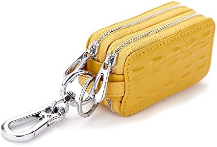 Wismart Genuine Leather Car key Chain bag, Double Layer Smart Key Chain Coin Holder Metal Hook Zipper Remote Wallet Bag-Yellow
