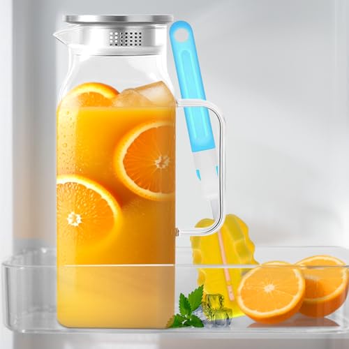 Litrue Glass Carafe 2 Litres, Water Carafe with Lid, Carafe Glass for Fridge Door, Water Jug Square for Cold Hot Water Iced Tea Wine Juice Tea Milk DIY Drinks (with Cup Brush)