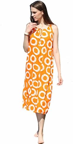 LALUNESSE Women's Bohemian Neck Tie Print Spaghetti Strap Swing Loose Long Dress, Orange, Medium