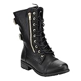 Forever Women's Mango-71 Faux Leather Military Style Ankle Boots Thick Sole Buckles,Black,6.5