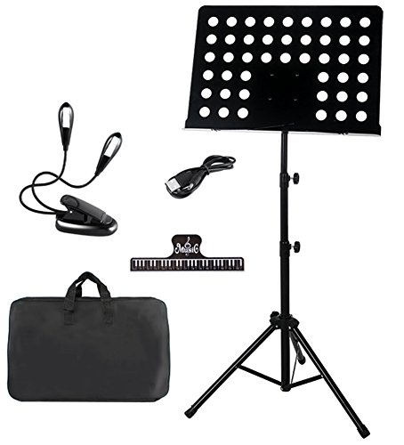 Sheet Music Stand 63"Portable Adjustable Folding Music Holder for Violin Guitar with LED light,Paper Holder,Carrying Bag Black - Lunies