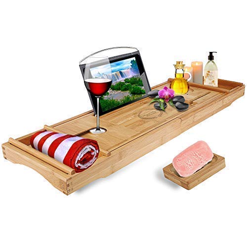 Wood Worx Bath Essentials Premium Bamboo Bathtub Tray Caddy & Soap Holder Nonslip Wooden