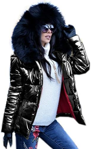 Aox Women Winter Fox Faux Fur Shiny Black Down Parka Hooded Slim Jacket Coat TOP