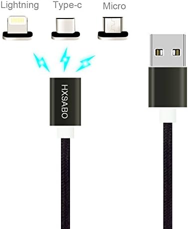 Magnetic Braided USB Charging Cable, HXSABO 3 in 1 Multi USB Cable with 8-Pin Lightning / Type C / Micro USB Ports for iPhone X/8/8 Plus/7/7 Plus, iPad, Galaxy S5,Nexus 6P, LG and More - 3.3Ft, Black