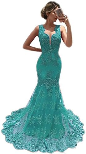 MariRobe Women's Illusion Lace Appliques Backless Long Mermald Evening Dresses