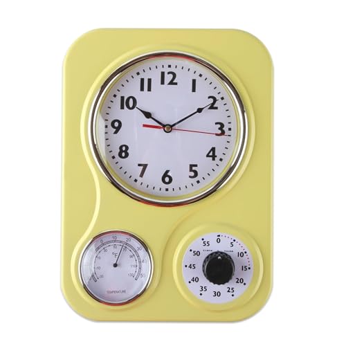 Lily's Home Küchenuhr, Retro, mit Thermometer und 60-Minuten-Timer, ideal für Jede Küche, Gelb (24,1 x 33,8 cm)