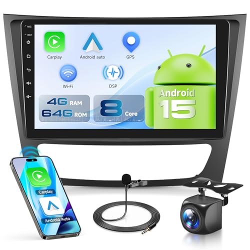VECHTEL 8 Core Q-Snapdragon 4G+64G Android 15 Car Radio for Mercedes-Benz E-Class W211 S211/CLS Class C219 2005-2008, 9 Inch IPS Screen Tactile Carplay Android Car GPS WiFi DSP Bluetooth FM/RDS Camera