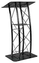 Displays2go Black Aluminum and Steel Truss Lectern with Curved Design and Built-In Shelf, 47-Inch Tall, Textured Finish (LCTTACBK)
