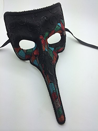 Laser Cut Medieval Plague Doctor Face Design Masquerade Halloween Mask - Black w/ Rainbow Checker Pattern