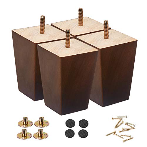 Wood Furniture Legs 4 inch Sofa Legs Set of 4,Square Brown Couch feet