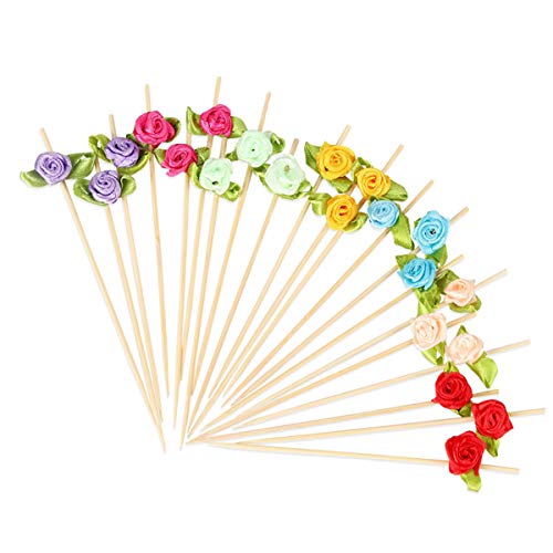 Rose Flower Appetizer Skewers Cocktail Picks Long Bamboo Toothpicks in Clear Storage Box Wedding Valentines Day Single Bachelorette Party Food Drinks Desserts Fruits Decor 4.7" 100 Counts-MSL119