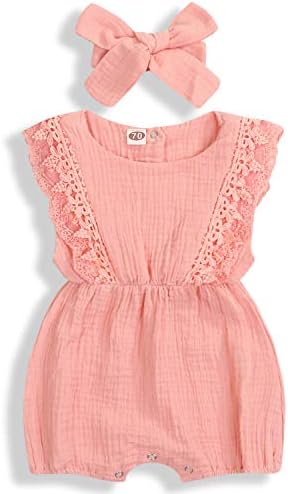 Baby Girls Lace Romper Set Ruffle Sleeve Solid Color Onesie with Headband