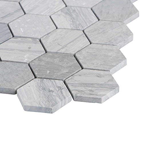 MAYKKE Cooper 10-Pack Mosaic Wall and Floor Tile | 12" x 12" Mini Hexagonal Honeycomb Pattern | Kitchen, Bathroom, or Laundry Room Backsplash, Flooring | Fade Resistant Wooden Blue Marble, YOA1010105 - Thumbnail 2
