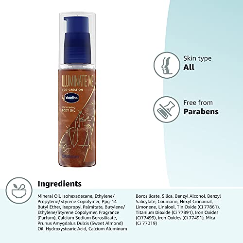 VASELINE ILLUMINATE ME SHIMMERING BODY OIL CREATED FOR MELANIN RICH SKIN, ILLUMINATES SKIN WITH FINISHING TOUCH OF SHIMMER FOR GLOWING SKIN 3.3 OZ