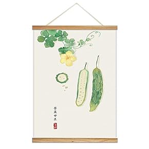 Hanging Poster with Wood Frames - Chinese Ink Painting Style Bitter Gourd - Ready to Hang Decorative Wall Art - 18"x24"