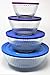 Pyrex 8 Piece Ribbed Bowl (4) Set Including 3 Blue and 1 Purple Locking Lids