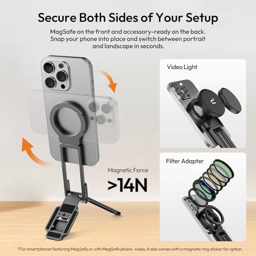 ULANZI Magnetic Phone Tripod for iPhone, MA38 Portable Phone Holder Mini Tripod for Magsafe with Double-Sided Strong Magnetic 1/4'' Arri Locating Hole Foldable Hook for iPhone 16 15 14 13 12, Black