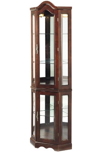 Lighted Corner Curio Cabinet - Mahogany Wood Finish - Three Tier Adjustable Shelves