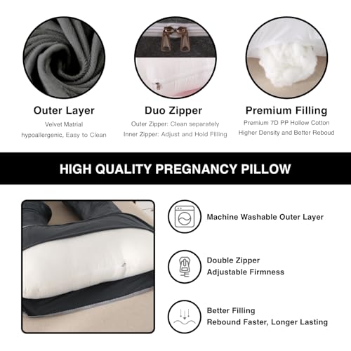 ALLOPERA Pregnancy Pillow, Full Body 57 Inch Maternity Pillow with Removable Washable Cover - Sleep Support for Legs, Back, Neck, Shoulder, HIPS, Belly for Pregnent Women, Velvet Cover (Black)