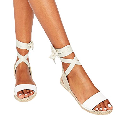 Shele Womens Tie Up Flat Espadrilles Sandals Peep Toe Ankle Strap Classic Lace Up Shoes (38 EU- 25.52 cm (Foot Length) - 6 US, Z-white)