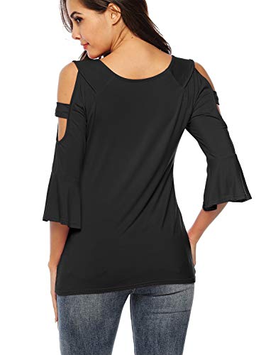 Florboom Womens Cute Tee Tops Round Neck Tshirts Cold Shoulder T Shirts Black L