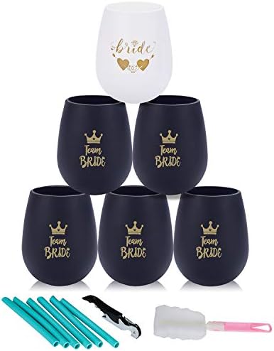 Set of 14 Wedding Bridesmaid Proposal Gift Kits - Include 1 Bride Silicone Cup 5 Black Team Bride Cups 1 Opener 1 Silicone Brush and 6 Straws - Bachelorette Party Bridal Shower Wine Glasses
