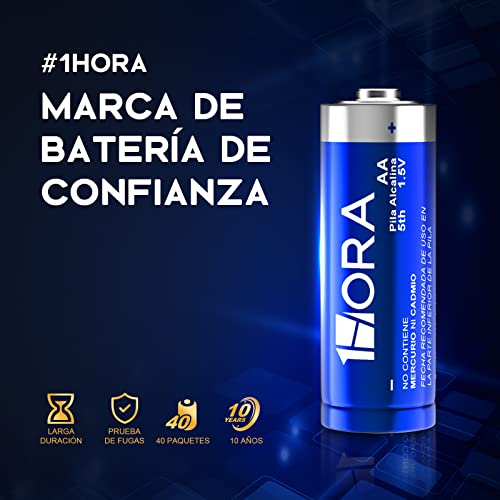 1 Hora Pilas AAA, Paquete de 40 Baterías Alcalinas AAA LR03 1.5V, Desechables de Alto Rendimiento para Control Remoto, Reloj, Mouse, Linterna y Otros Dispositivos de Uso Diario