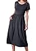 levaca Women's Plain Scoop Neck Pockets Pleated Loose Swing Casual Midi Dress