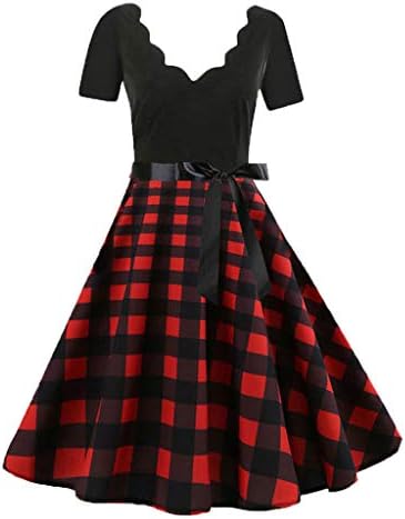 Plaid Mini Dress for Women Ladies Tartan Print Irregular Retro Loose Swing Dress High Waist Cocktail Party Lace Up Asymmetrical Hem Skirt Dress