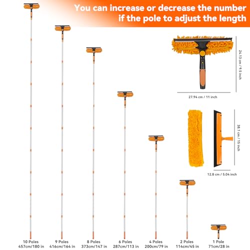 Window Cleaning Tools Window Squeegee: 2 in 1 Double-Sided Professional Cleaner Window Washing Kit with Extension Pole 4.5M Duster for High Ceilings Microfiber Scrubber for Indoor Outdoor High Glass