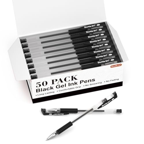 Shuttle Art Black Gel Pens, 50 Pack Fine Point Black Ink Pens Bulk, 0.5mm Rollerball Gel Ink Pens Smooth Writing with Comfortable Grip for Office, School and Home