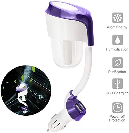 Car Humidifier, Car Diffuser, Cool Mist Car Air Purifier with 2 USB Charger Adapter, 12V Mini Car Aromatherapy Diffuser, Portable Car Essential Oil Diffuser, Car Diffuser Filters Gift (Purple)
