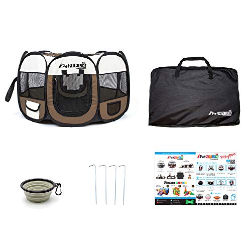PicassoTiles PET4FUN PN935 Portable Pet Puppy Dog Cat Playpen Crates Kennel w/Water Resistant 600D Oxford, 210D Nylon, Carrying Bag, Collapsible Bowl, Removable Mesh Cover 2 Sizes