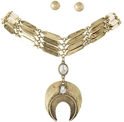 Boho Style Distressed Look Gold-Tone Statement Dangle Drop Choker Necklace 3/4" Wide 13" Long w/ Earrings