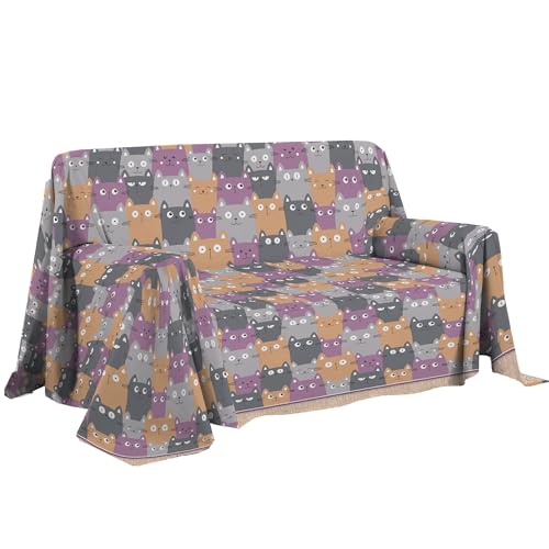 PENSIERI DELICATI Telo Copridivano 180 x 290 cm Made in Italy, Telo Copritutto 100% Cotone Puro, Fantasia Happycat Arancio, Ideale come Telo Arredo, Salvadivano o Copriletto Estivo (1 Piazza)