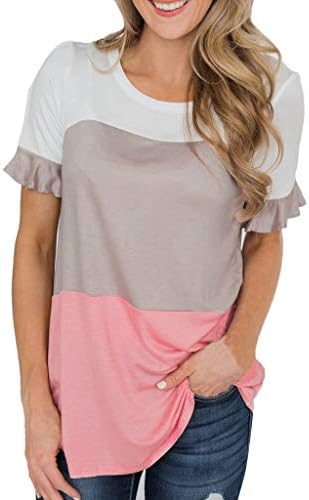 Womens Short Sleeve O-Neck Tricolor Patchwork Tee Casual T-Shirt Top