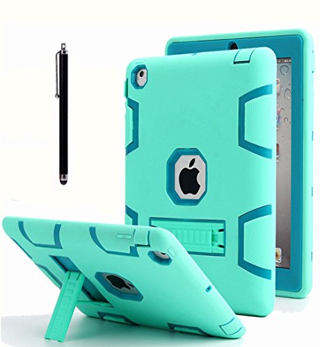 iPad 2 Case,iPad 3 Case,iPad 4 Case, AICase Kickstand Shockproof Heavy Duty Rubber High Impact Resistant Rugged Hybrid Three Layer Armor Protective Case with Stylus for iPad 2/3/4 (Mint Blue+Green)