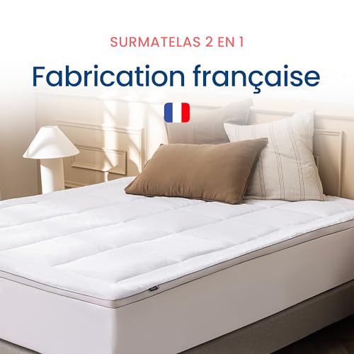 Mello Mattress Topper 160 x 200 cm Duo 8 cm Memory Form, Hotel Quality, Washable Quilted Cotton Cover, Soft and Breathable Comfort, High Density, Made in France